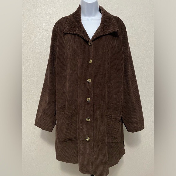 Vintage Womens Brown Corduroy Funnel Neck Button Up Jacket 22W Boho Retro Rustic - Picture 1 of 12